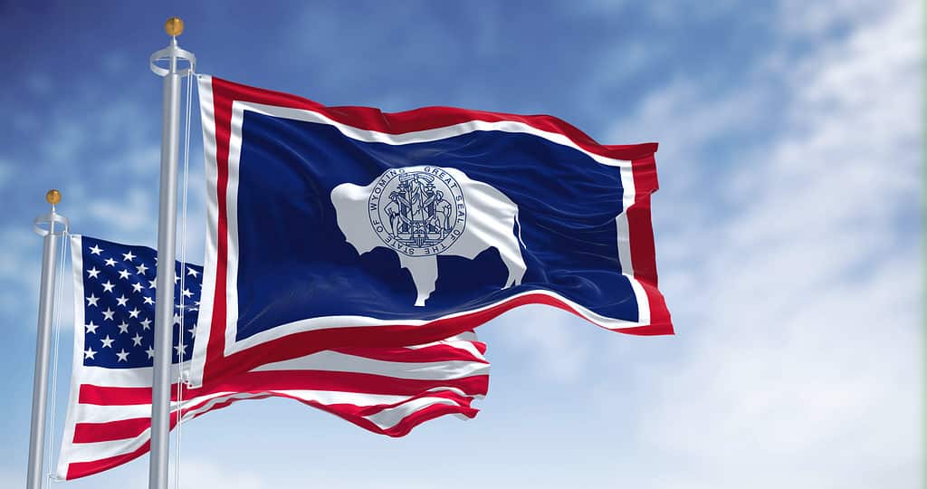 Wyoming state flag with the American flag flying behind it