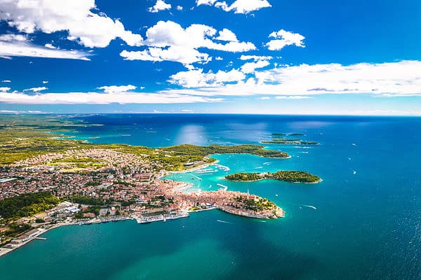Rovinj archipelago aerial panoramic view, tourist destination in Istria region of Croatia