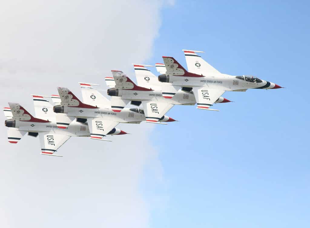 Dayton, OH, USA - June 21, 2015: United States Air Force Thunderbird demonstrates precision of flying and top-notch pilot skills during the Dayton International Airshow 2015