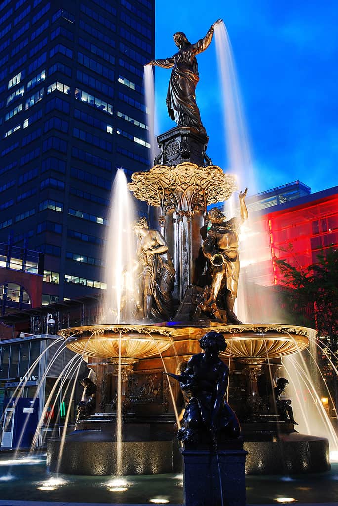 The Tyler Davidson Fountain was dedicated in 1871. Fountain Square is one of Cincinnati's most visited sites