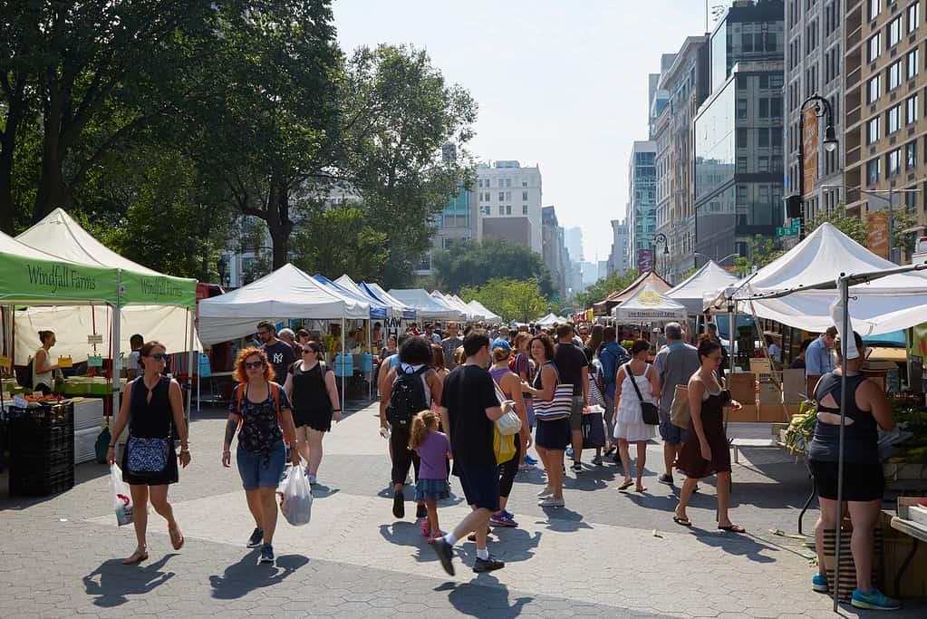 A street scene in New York City with a variety of people, including tourists, enjoying the city's vibrant culture. 
