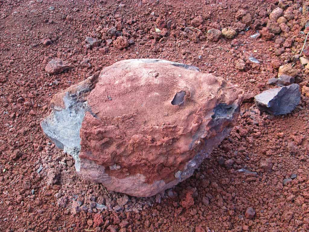 Volcanic bomb in a volcano crater