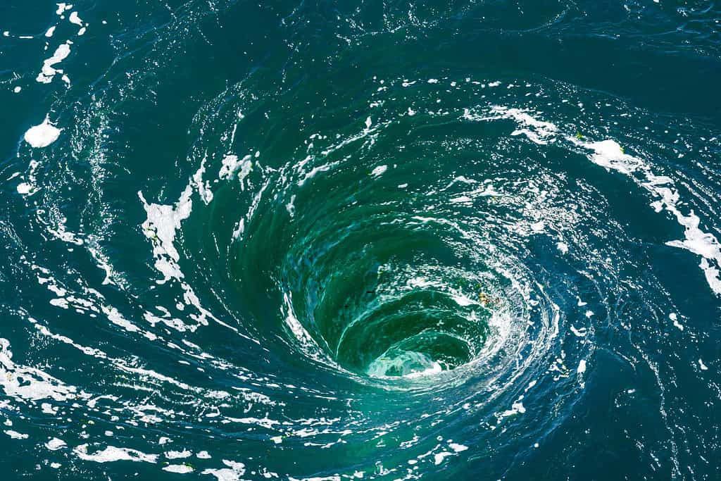 High angle view of a powerful whirlpool at the surface of green water with foam.