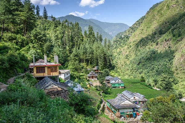 Villages of Lush green Great Himalayan National park Valley in Himachal Pradesh, India