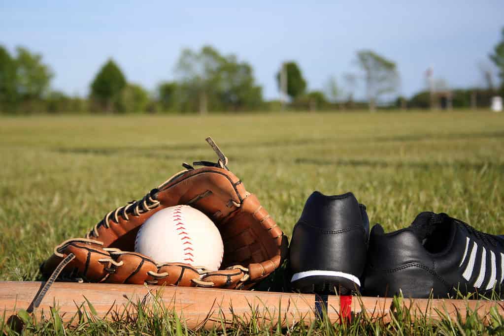Baseball, bat, glove, and cleats