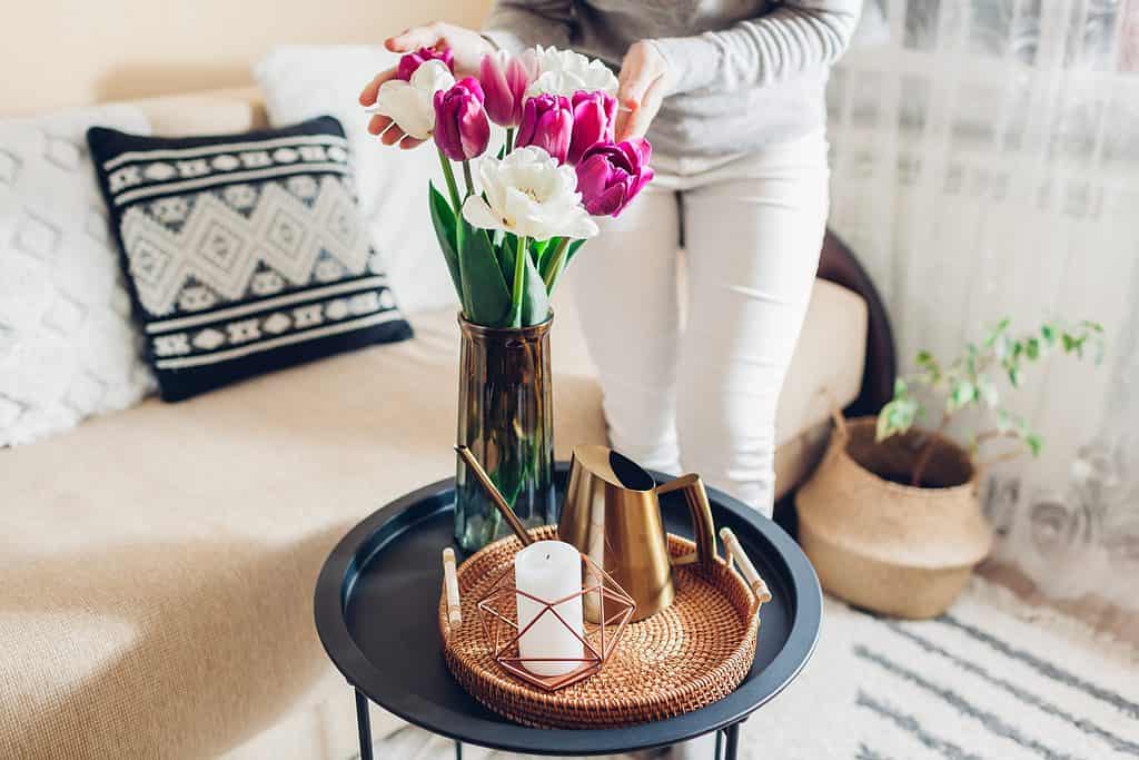 woman arranging tulips in vase