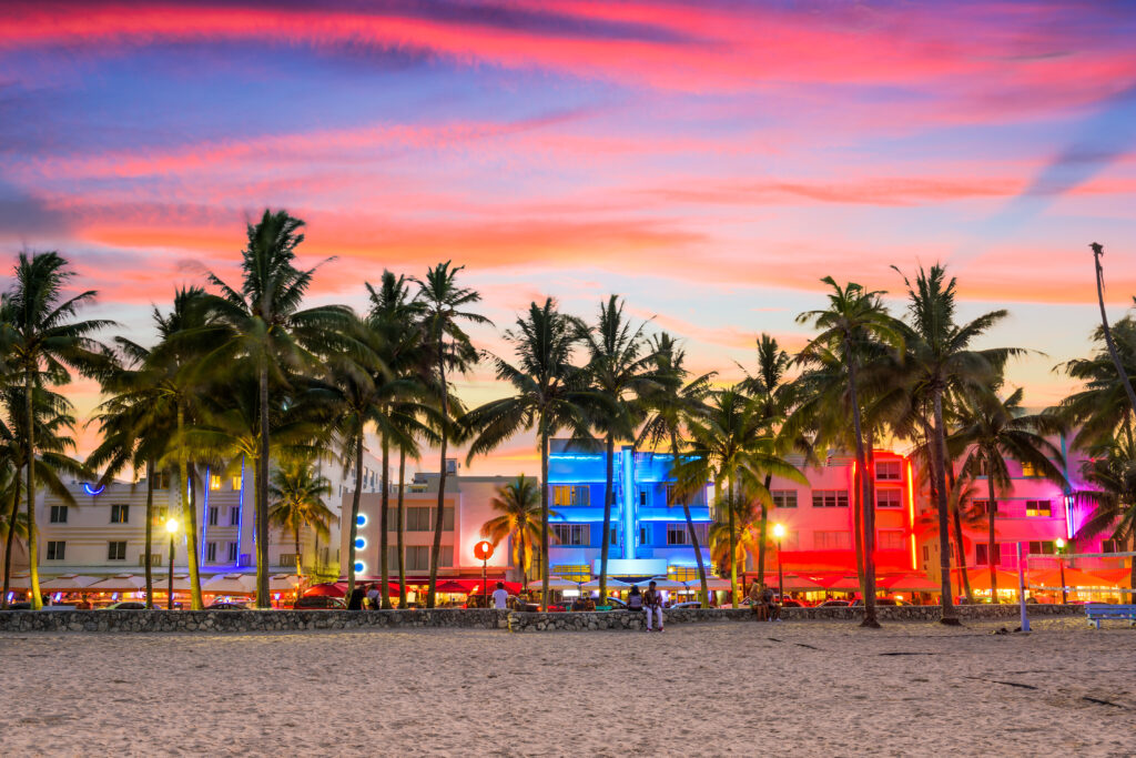 Miami Beach, Florida, USA on Ocean Drive at sunset.