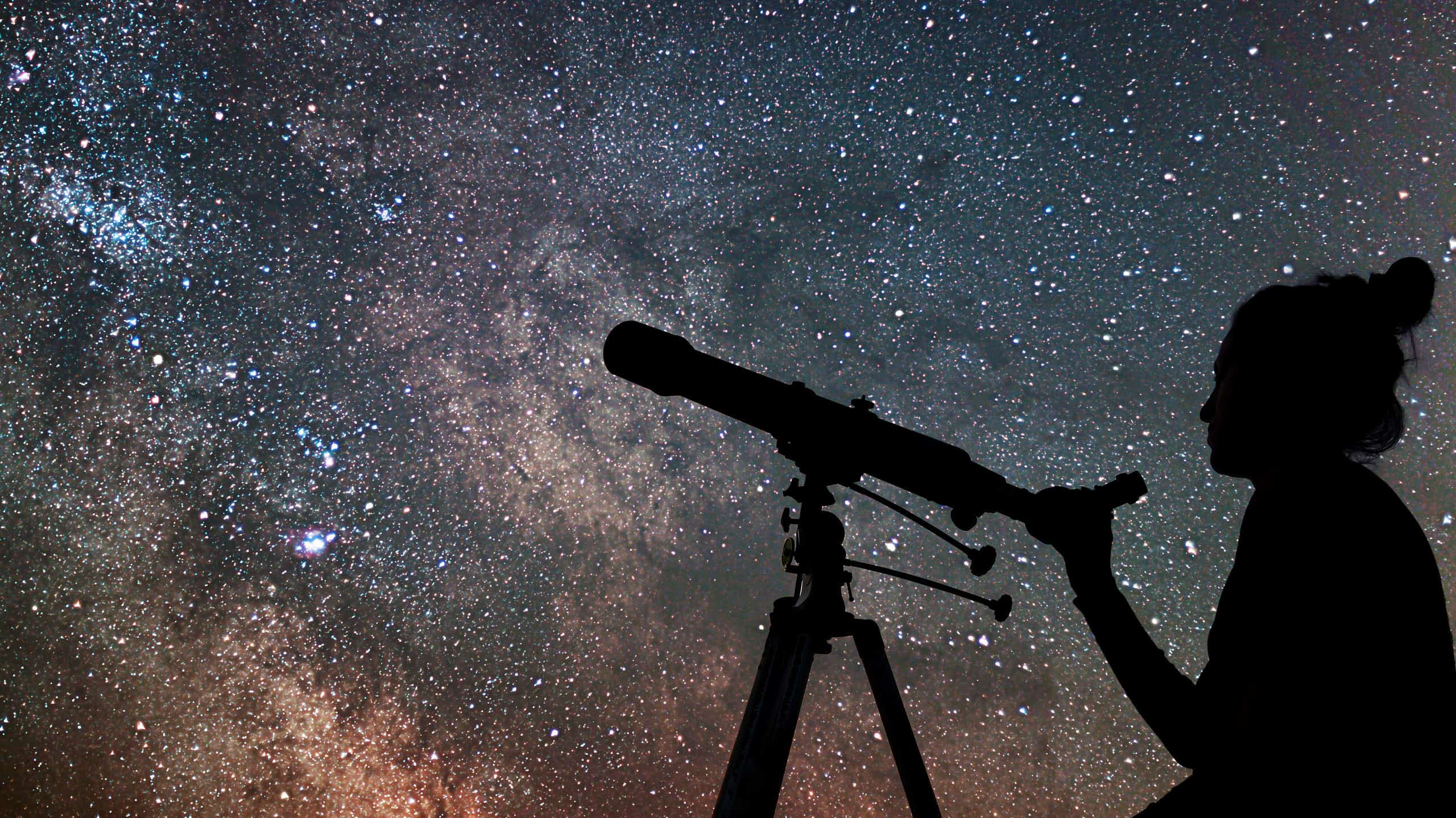 Photo lower right frame silhouette of a person with their hair in a top knot. The person’s right hand is clutching a telescope also silhouette, against a star filled sky