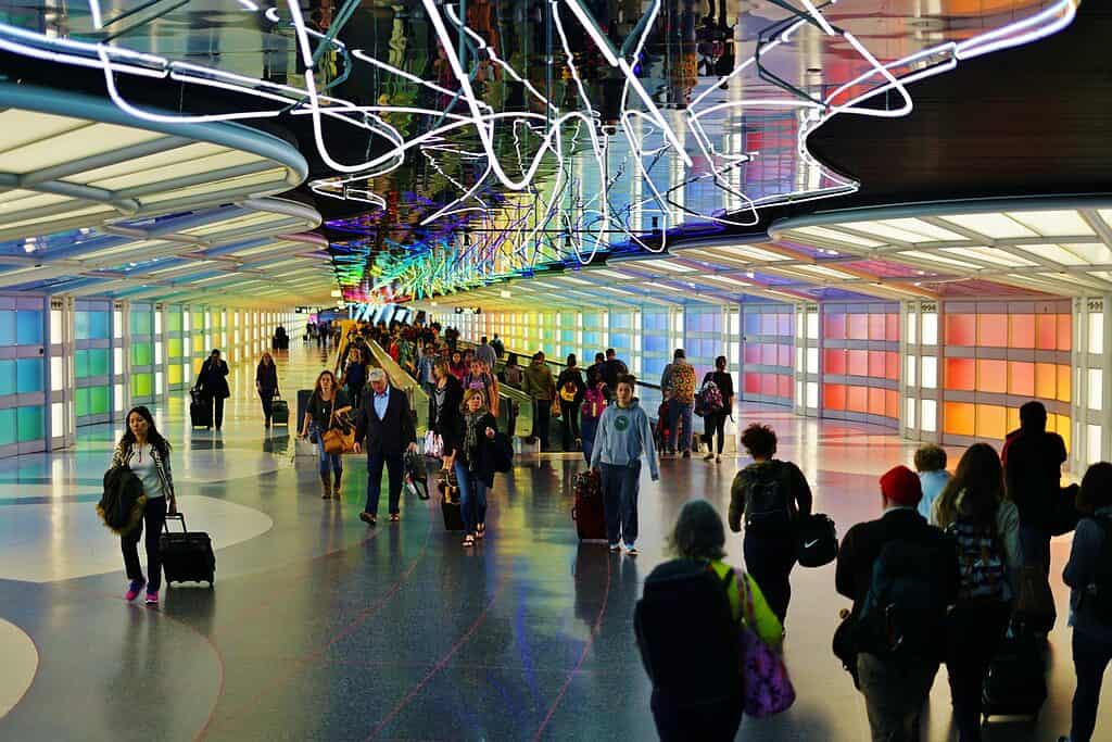 Chicago O'Hare International Airport electric neon tunnel