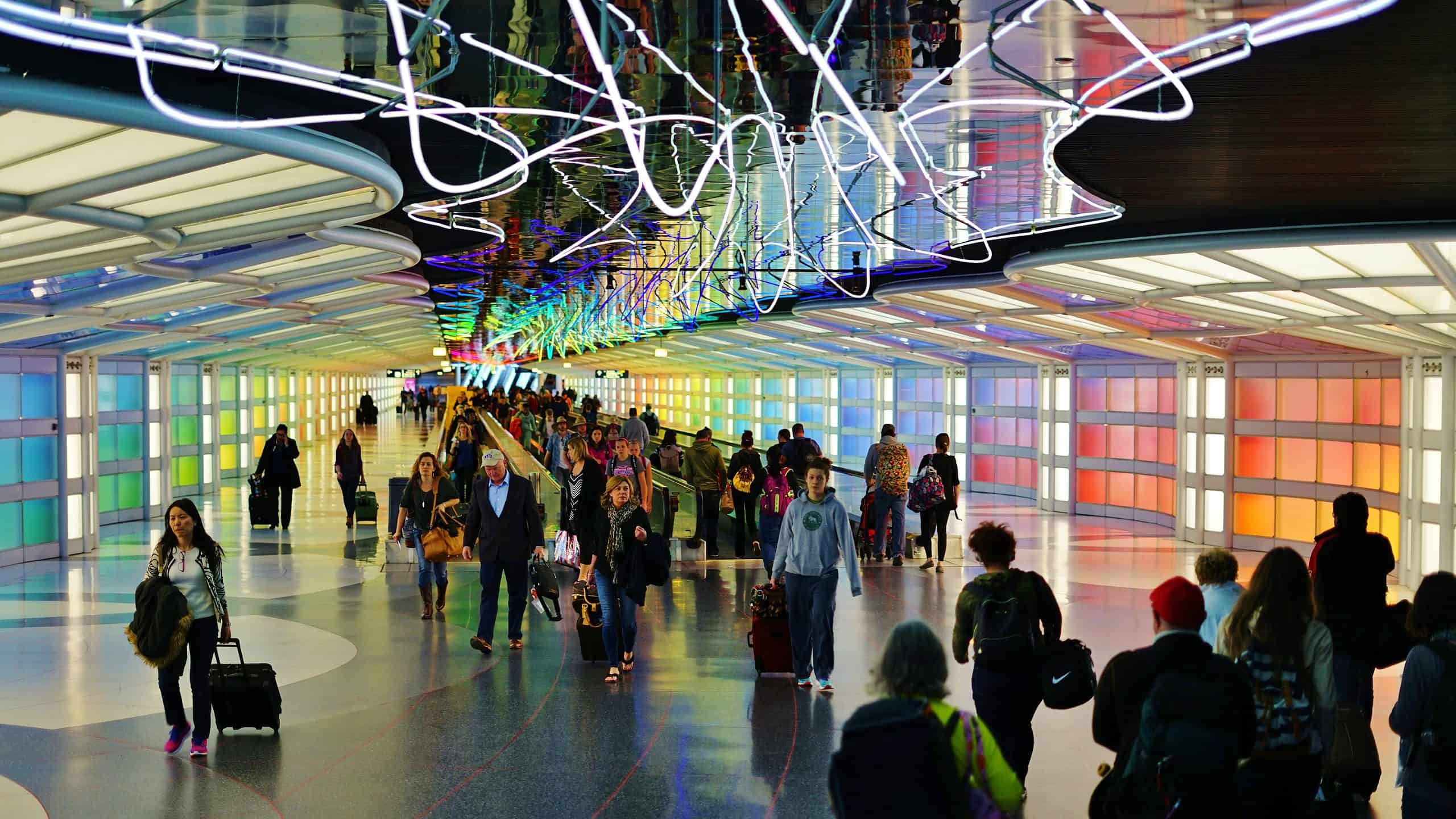 Chicago O'Hare International Airport electric neon tunnel