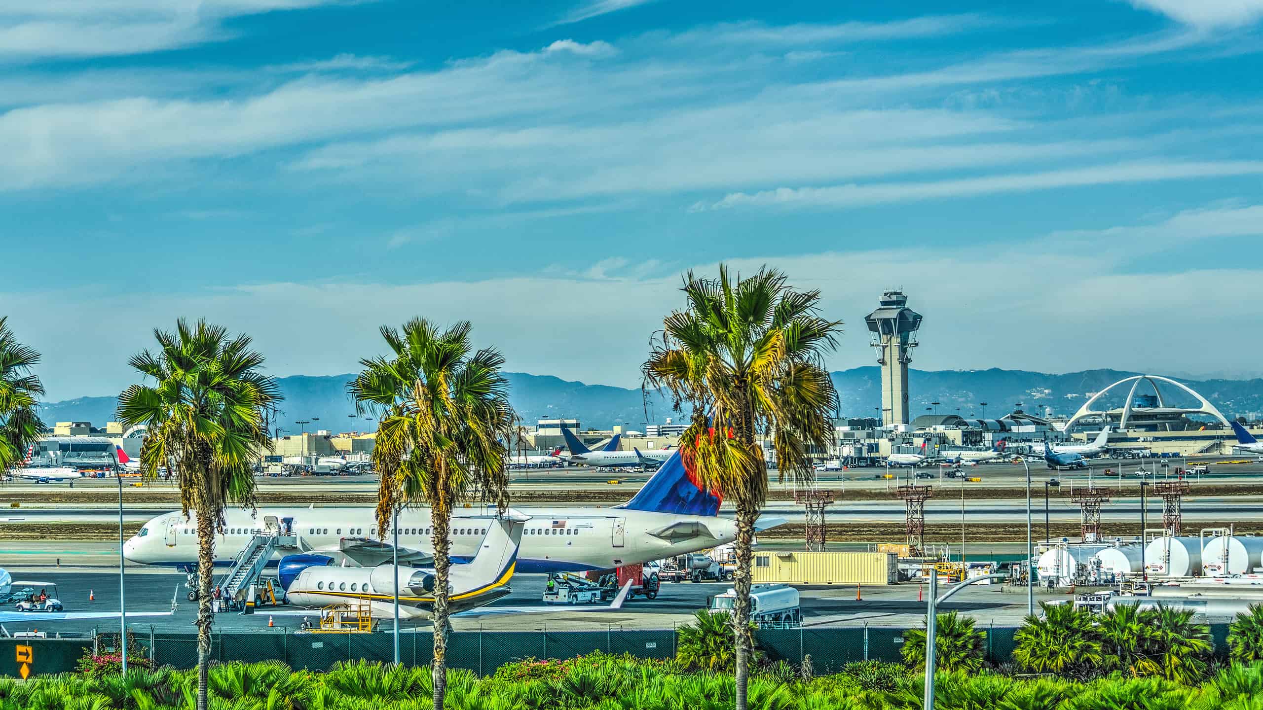 Airplanes in Los Angeles International airport LAX apron. California, USA