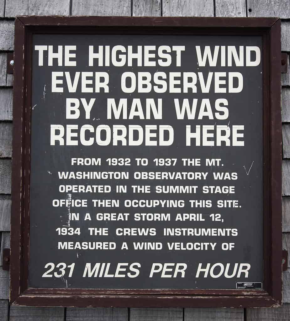 MOUNT WASHINGTON, USA - JULY 8: A sign informs readers about the world's highest wind speed on July 8, 2011 at Mount Washington, New Hampshire. Mount Washington is 6,288 feet high.