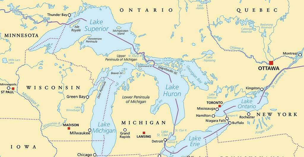 Bản đồ chính trị Great Lakes của Bắc Mỹ. Hồ Superior, Michigan, Huron, Erie và Ontario. Một loạt các hồ nước ngọt lớn liên kết với nhau trên hoặc gần biên giới Canada và Hoa Kỳ.