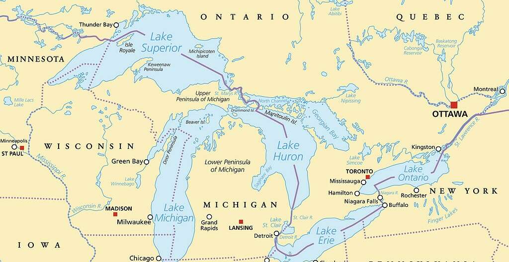 Great Lakes of North America political map. Lakes Superior, Michigan, Huron, Erie and Ontario. Series of large interconnected freshwater lakes on or near the border of Canada and of the United States.