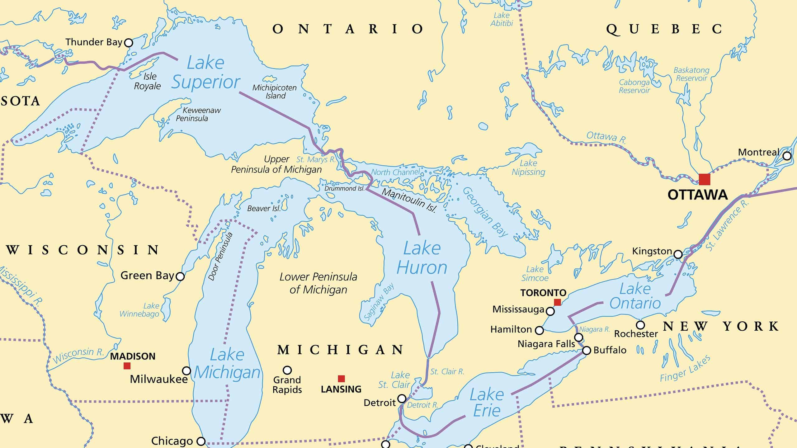 Great Lakes of North America political map. Lakes Superior, Michigan, Huron, Erie and Ontario. Series of large interconnected freshwater lakes on or near the border of Canada and of the United States.