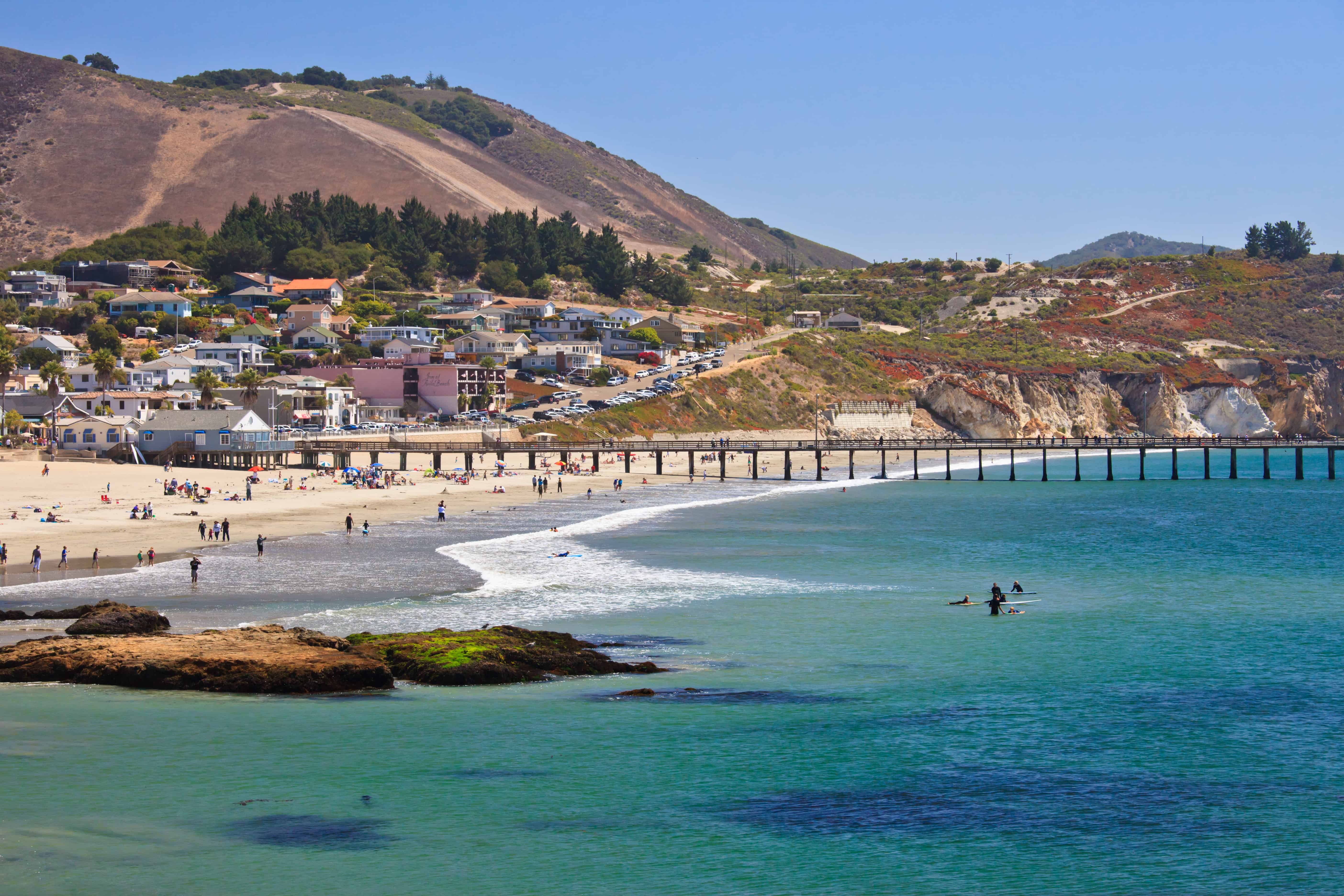 View of Avila Beach boardwalk and coastline in California
