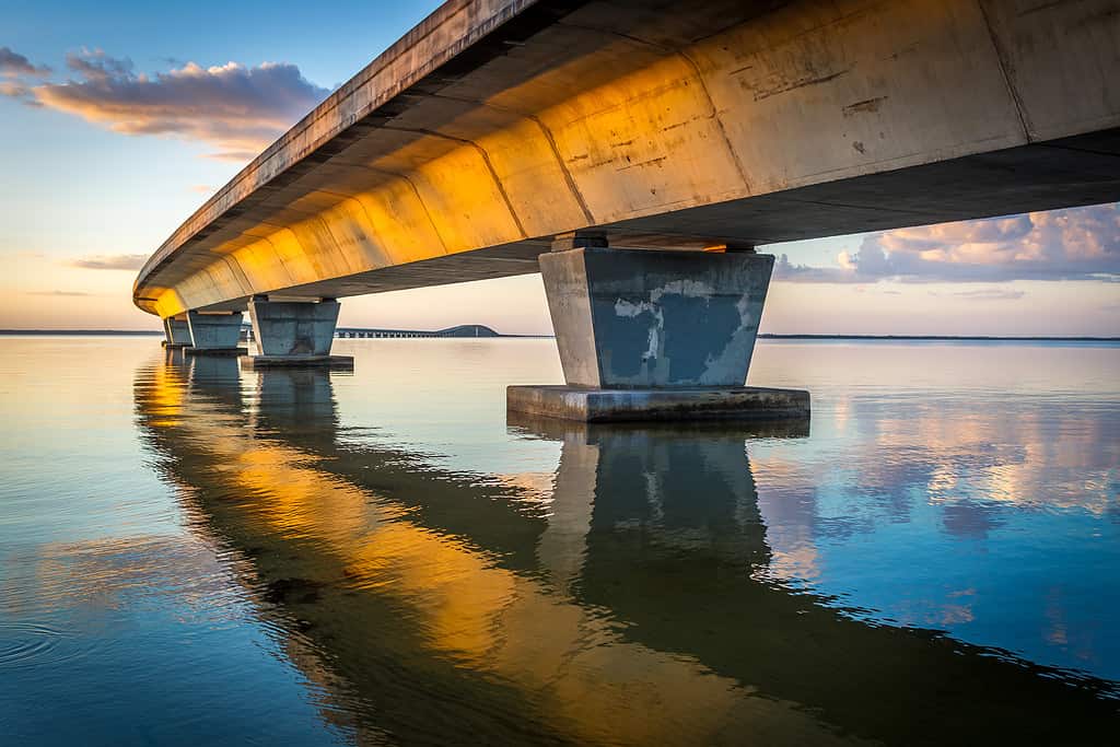 Garcon Point Bridge in Garcon Point, Florida, the water reflecting underneath