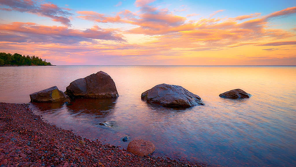 Sunset and cloud reflection on Lake Superior, Duluth, Minnesota