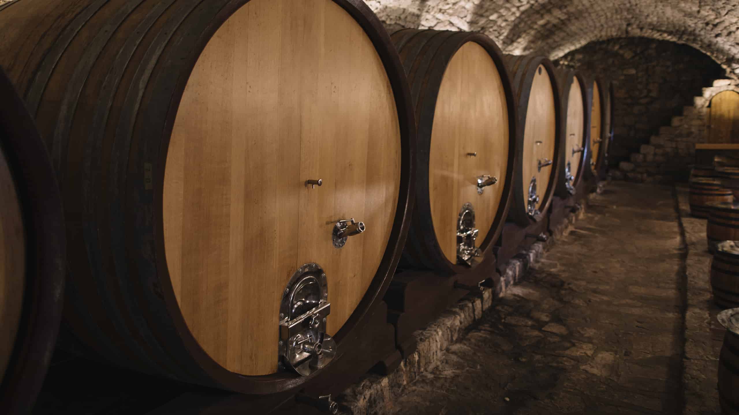 Wine cellar with wine barrels in a row.
