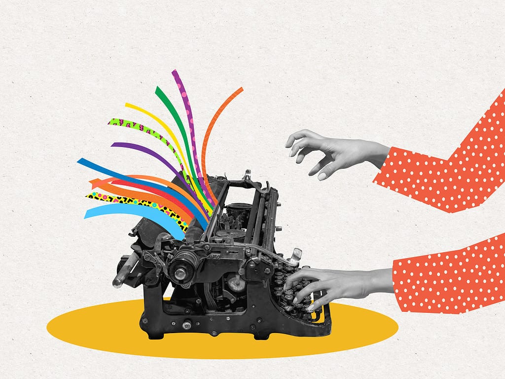 pop art - hands over typewriter in unusual style, the creative process