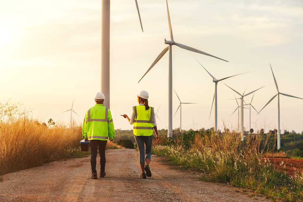 Maintenance workers on a wind farm