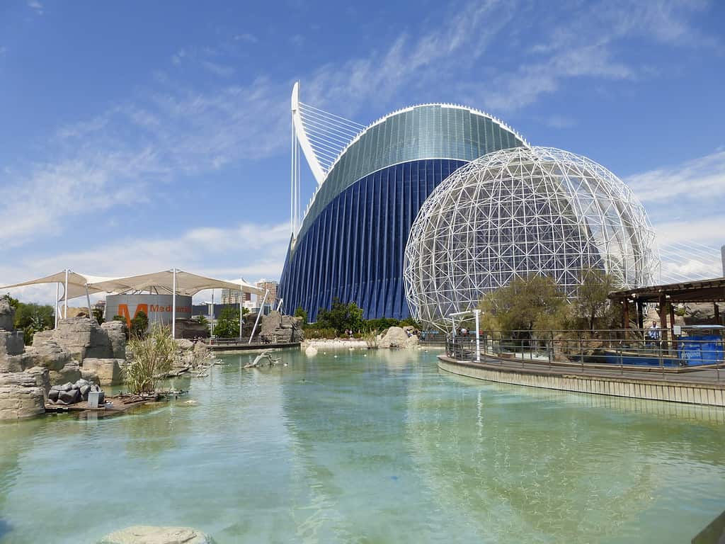 Panoramic view of L'Oceanografic aquarium in Valencia, Spain