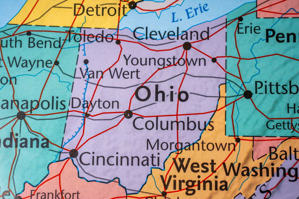 Ohio oh a US state map, the major cities marked