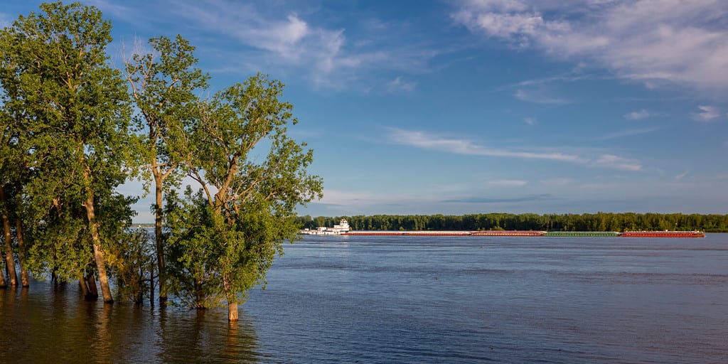 MAY 1, 2019, NEW MADRID, MO., USA - Barge heads North up Mississippi River towards St. Louis as seen from New Madrid, MO.