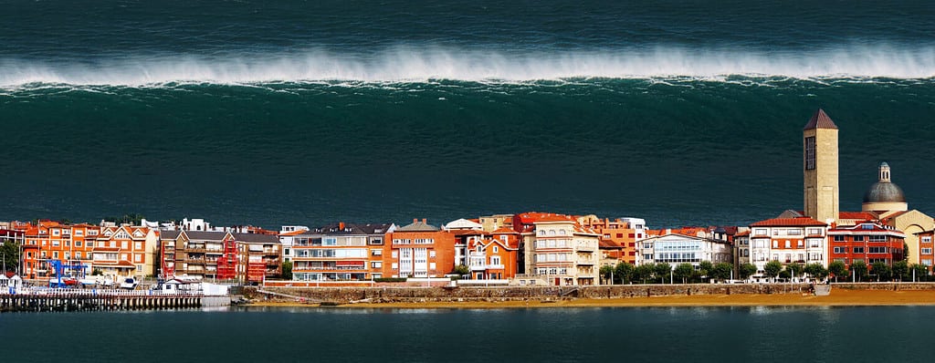 tsunami with a big wave crashing a town in the coast