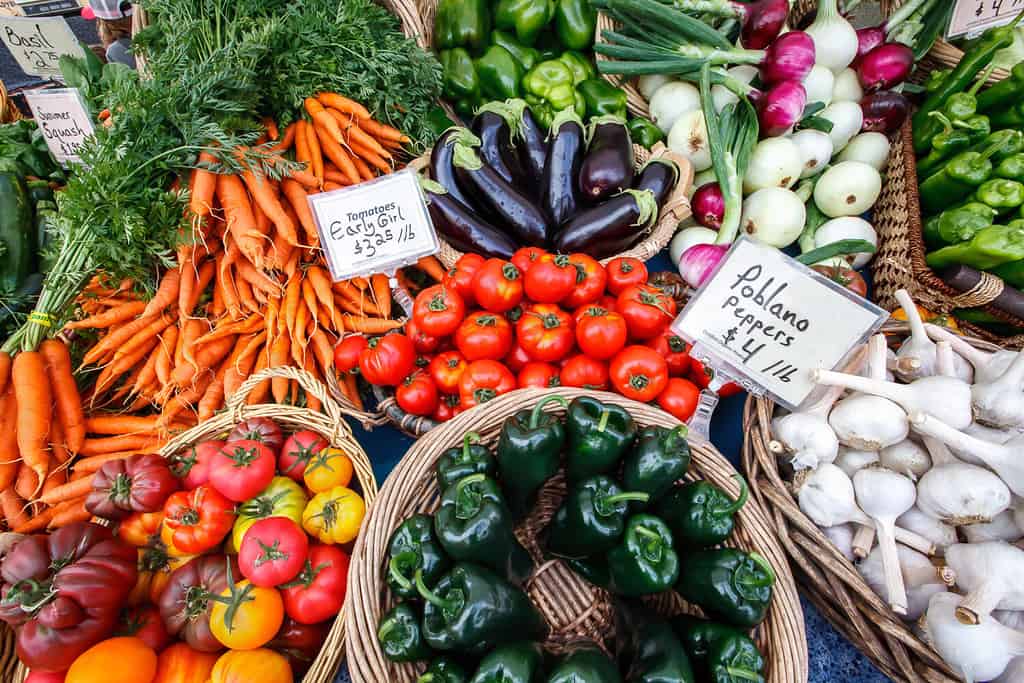 Colorful organic vegetables at a local farmers market.