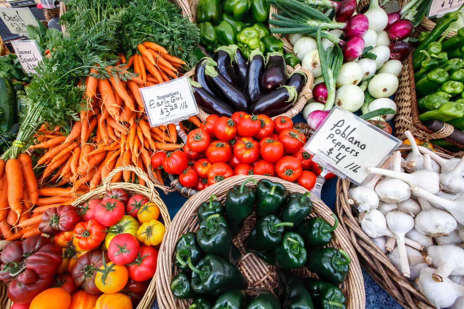 Colorful organic vegetables at a local farmers market.