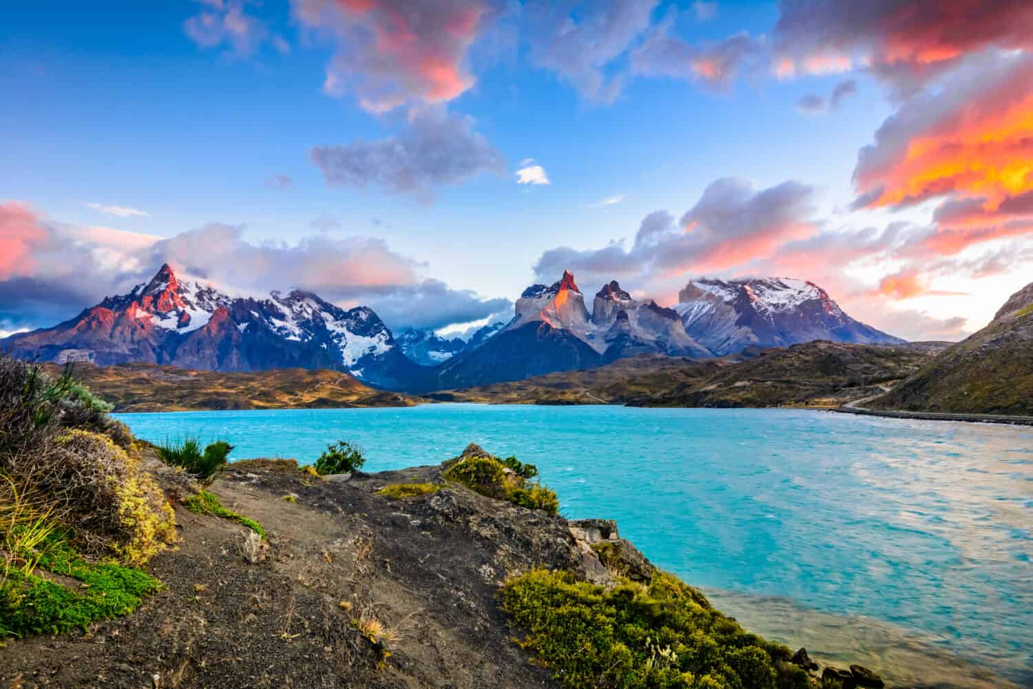 Torres del Paine over the Pehoe lake, Patagonia, Chile - Southern Patagonian Ice Field, Magellanes Region of South America