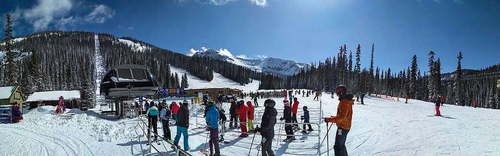 People waiting for chairlift at Sunshine Village Ski Resort, Banff National Park