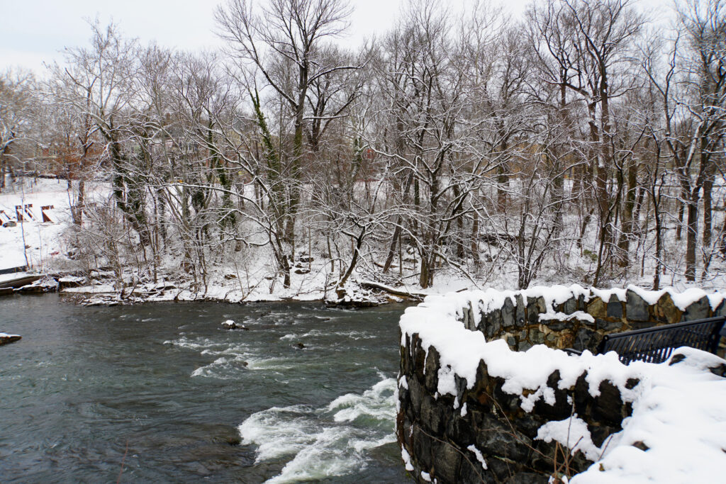 Beautiful view near the river after a snowstorm at Brandywine Park, Wilmington, Delaware, U.S.A
