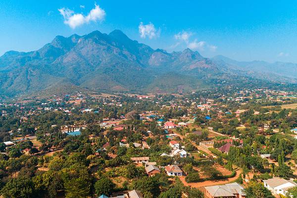 Aerial view of the city and mountain range of Morogoro, Tanzania
