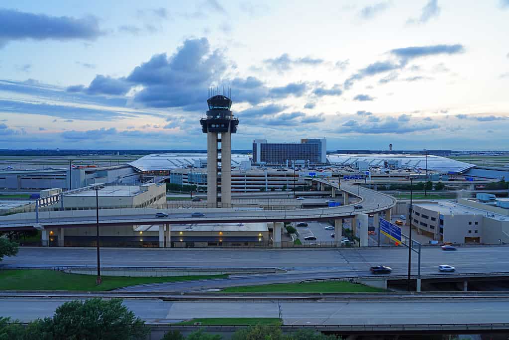 View of the control tower at the Dallas Fort Worth International Airport