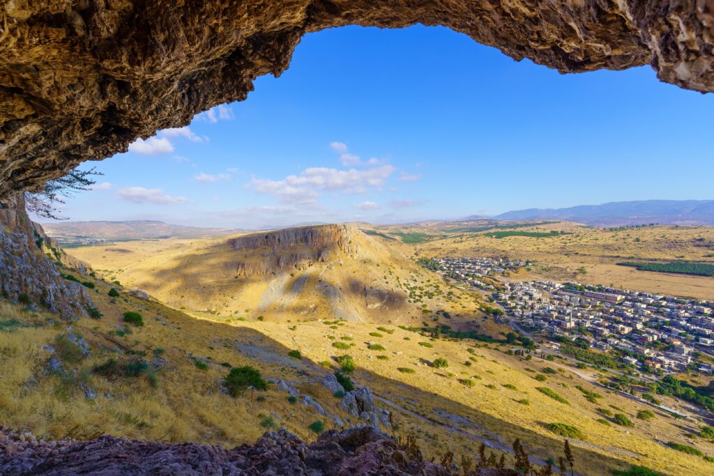 View from an ancient hiding cave on a cliff, of Mount Nitai, in Mount Arbel National Park, Northern Israel