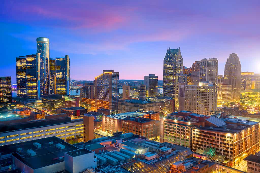 Aerial view of downtown Detroit at twilight in Michigan USA