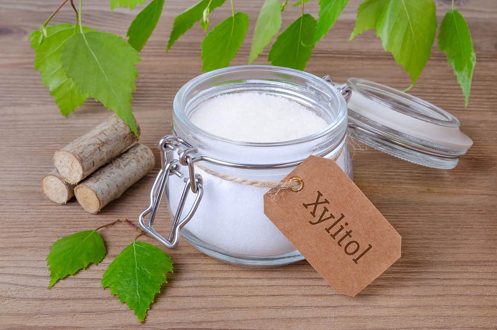 sugar substitute xylitol, a glass jar with birch sugar, liefs and wood on wooden background