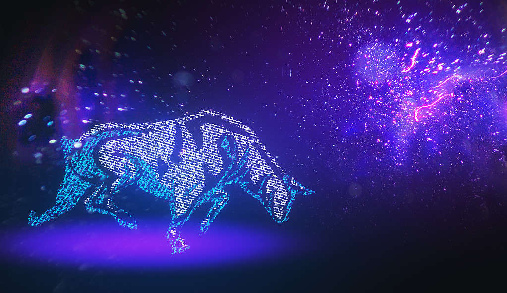 Digital art of a vibrant bull made of stars on a purple background