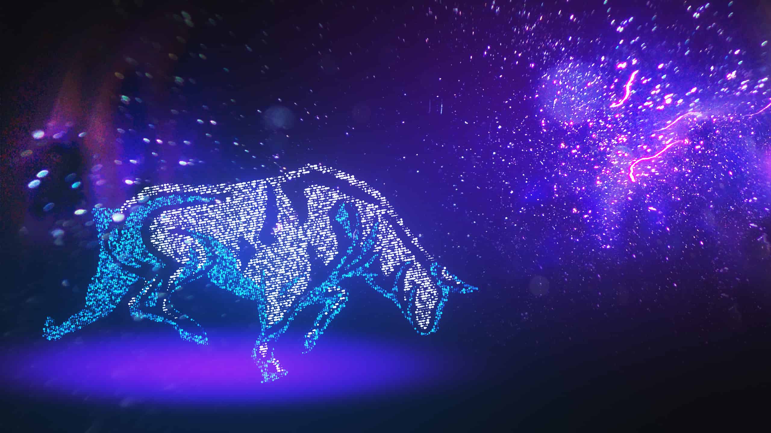 Vibrant digital art of bull made of stars on a purple background