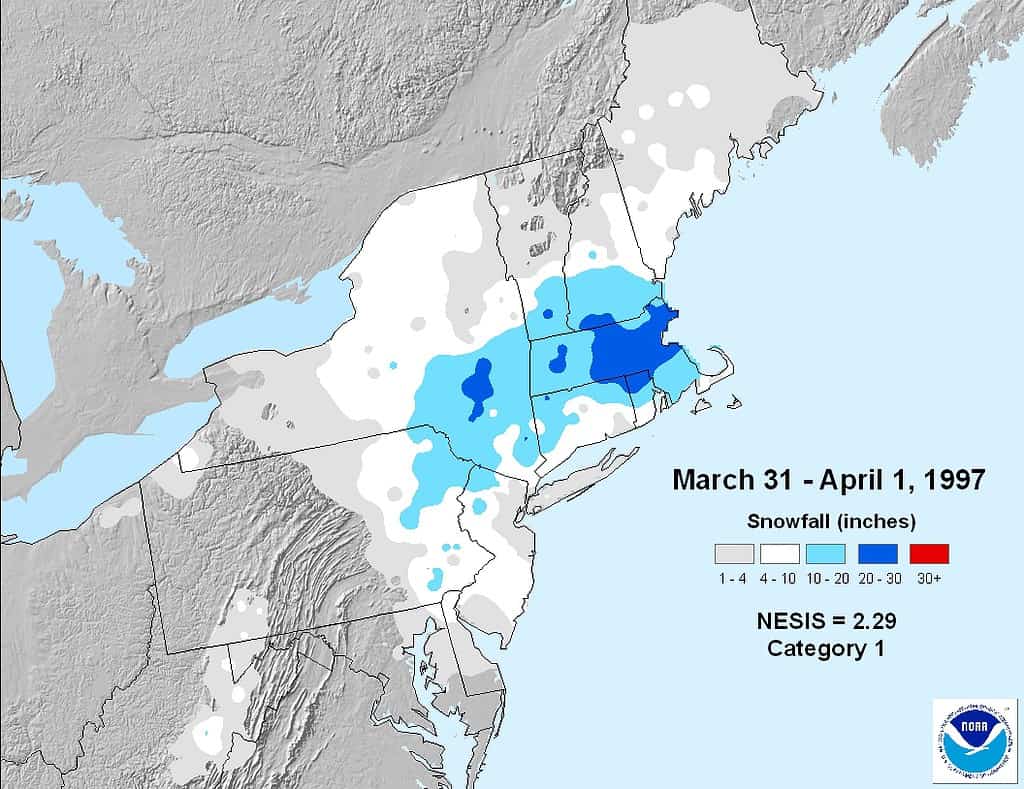 April Fool's Day Blizzard 1997 snowfall accumulation map.
