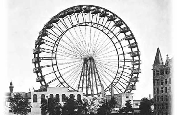 Black and white photograph of the original Ferris Wheel at the 1893 World's Columbian Exposition in Chicago, IL