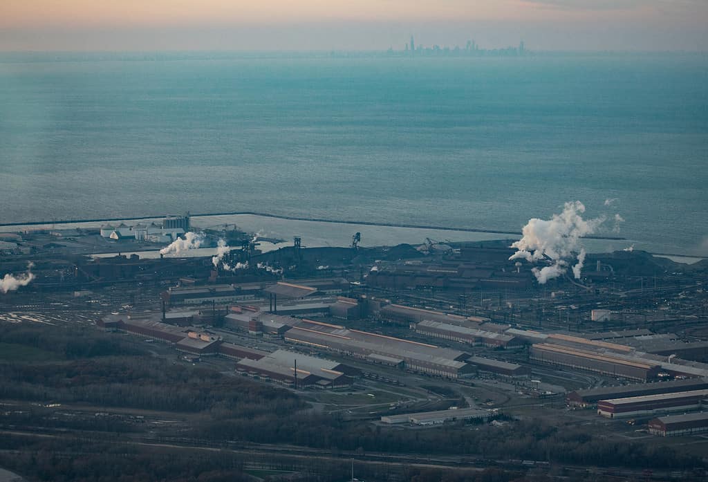 The Arcelor Mittal Mill at Burns Harbor, IN looking northwest. The silhouette of Chicago can be seen along the horizon. The Port of Indiana is also pictured prominently here.