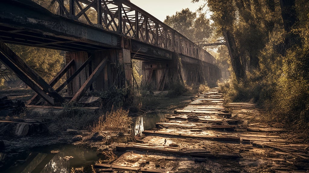 An image of a dilapidated bridge in Yamhill County, Oregon.