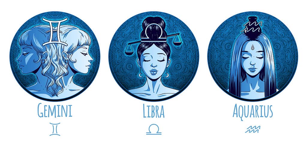 Air zodiac signs Gemini, Libra, Aquarius.