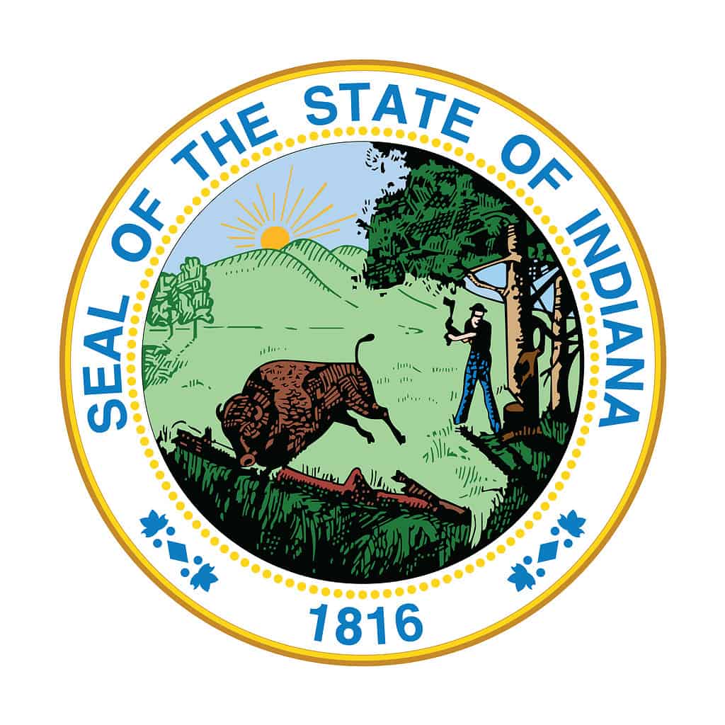 The Indiana state seal features scenery from Indiana's pioneering origins as a territory through statehood.