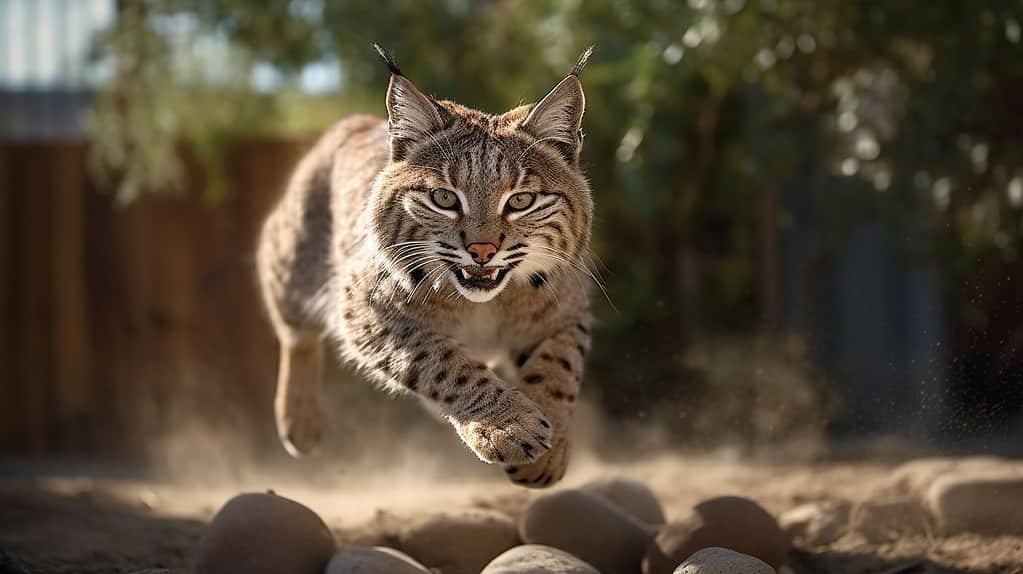 Hot on the trail of a vole, a bobcat chases its prey in the woods. 