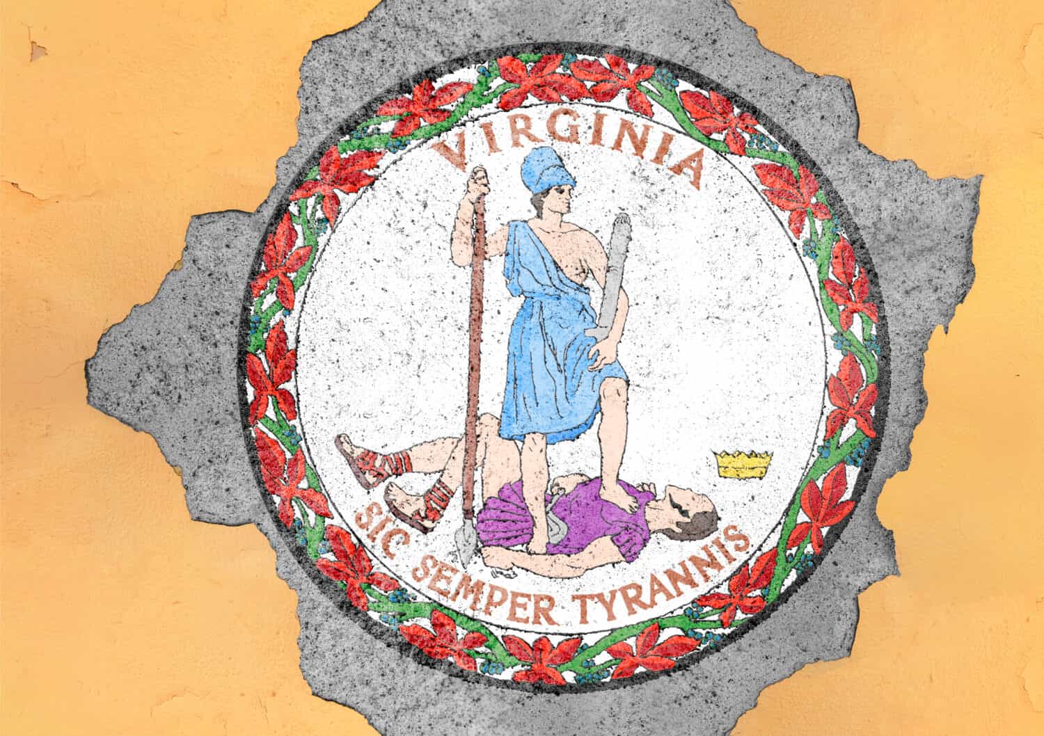 Flag of US state Virginia seal in big broken material concrete hole facade structure