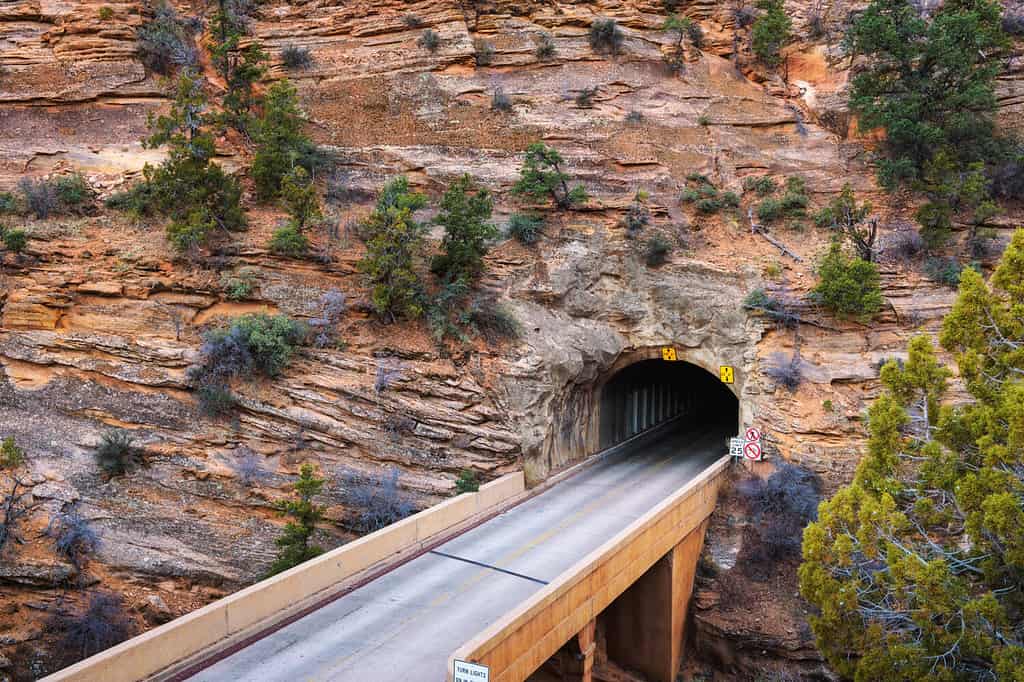 East side of the Mount Carmel Tunnel in Zion National Park, Utah, USA